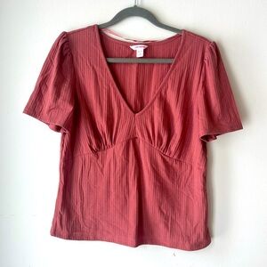 Joe Fresh Ribbed V-Neck Top women’s XL | Soft Rose Pink Short Sleeve Blouse